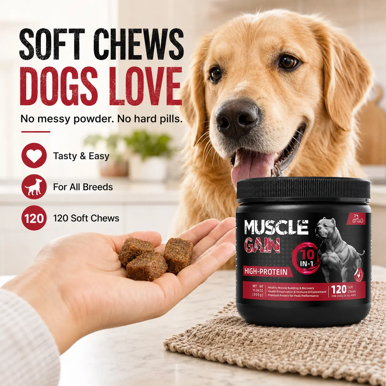10-in-1 High-Protein Soft Chews for Dogs, 120 Count, Daily Nutritional Support with Whey Protein, Amino Acids, Omega-3 and Multivitamins, Easy-to-Feed Chews for Puppies 8+ Weeks and Adult Dogs, All Breeds