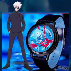 Lucky Stone Gojo Satoru Infinite Technique Watch Official Jujutsu Kaisen Merchandise with Blue Red Graphic Dial and Black Leather Strap