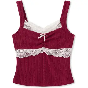 Women Y2K Vintage Lace Trim Cami Top 2000s Aesthetic Slim Fit Milkmaid Vest Cottage Crop Tank Top Coquette Clothes