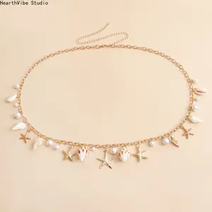 Summer Bohemian Waist Chain Sea Star Starfish Shell Pendant Shell Waist Link Beach Bikini Hollow Out Body Chain for Women
