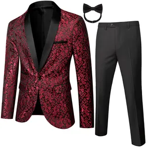 Men's Two-Piece Floral Jacquard Dress Suit Set: Single Button Printed Dinner Jacket and Matching Trousers Deep Red and Black