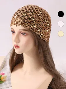 Women's Fashion Hollow Crochet Design Sequin Embellishments Baker Boy Hat, Daily Wear, Party Gathering Birthday Essential, Cute Fitted Plain Style, Baker Boy Cap