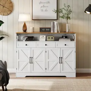 51" Farmhouse Buffet Sideboard Cabinet with Charging Station, 3 Drawers & 4 Barn Doors, Rustic Wood Coffee Bar & Pantry Storage for Kitchen, Dining Room & Living Room
