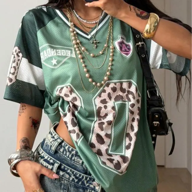 Women's Summer Going Out Streetwear Y2K Leopard Print Number Graphic Football Jersey V-Neck Green Jersey T-Shirt,Summer Top