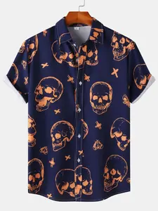 Men's Skull & Butterfly Print Button Front, Regular Fit Casual Short Sleeve Collared Top for Summer, Men's Clothes for Beach Vacation, Casual Graphic Shirt