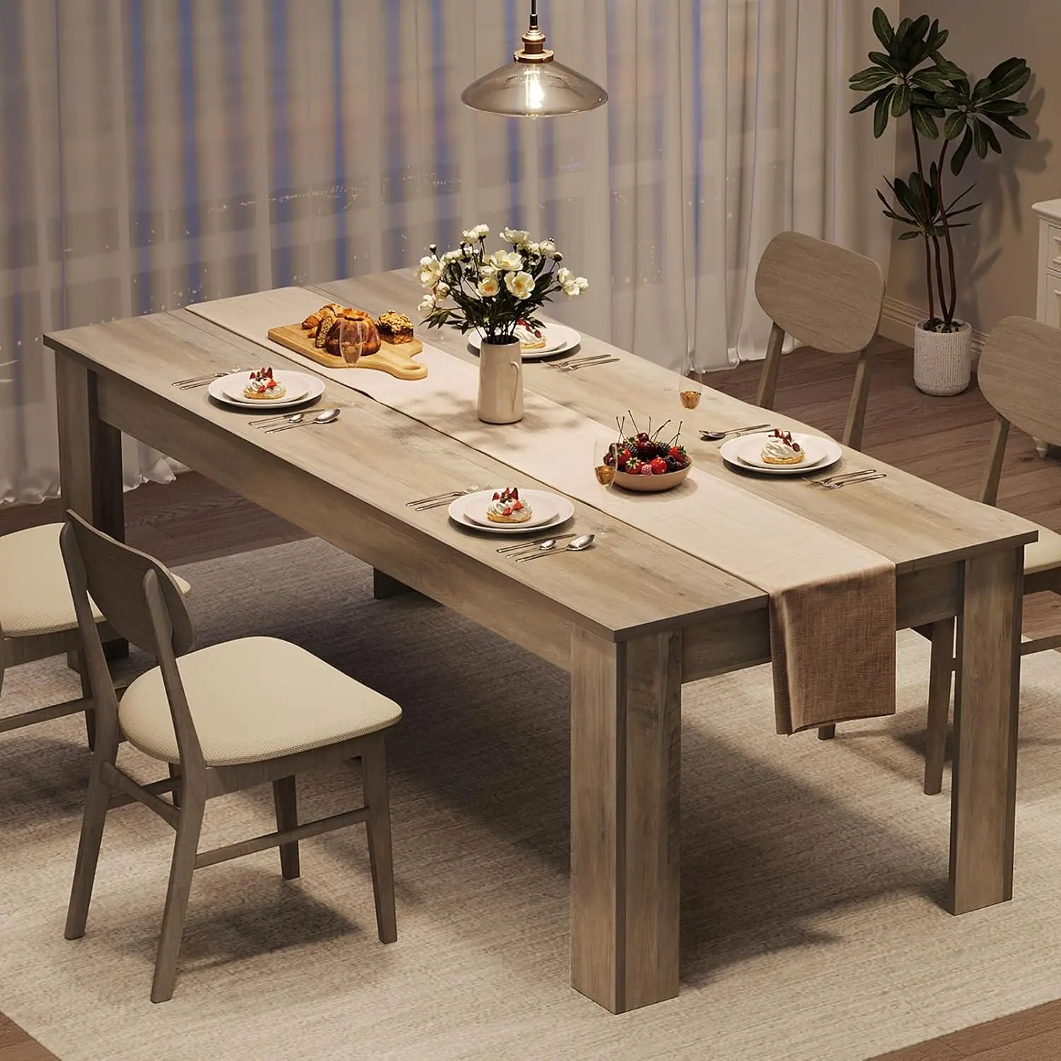 GAOMON 71in Farmhouse Rectangular Wooden Dining Table - 31in Wide, Thick Frame, Sturdy Triangular Legs, Wood Strip Base, Rustic Gray, Supports 6-8 People, 400lbs Capacity for Durability & Strength (Kitchen, Office), 31 Inches Wide, Durability And Strength
