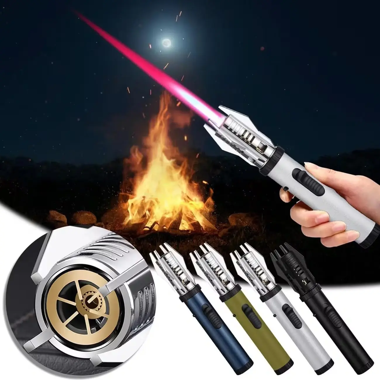Creative Metal Butane Gas Lighter, 360° Use, Outdoor Windproof High Power Turbo Torch Lighter with Safety Lock, Adjustable Flame Size, for Camping BBQ Stove, Red Jet Flame (Butane Gas Free), Without Battery