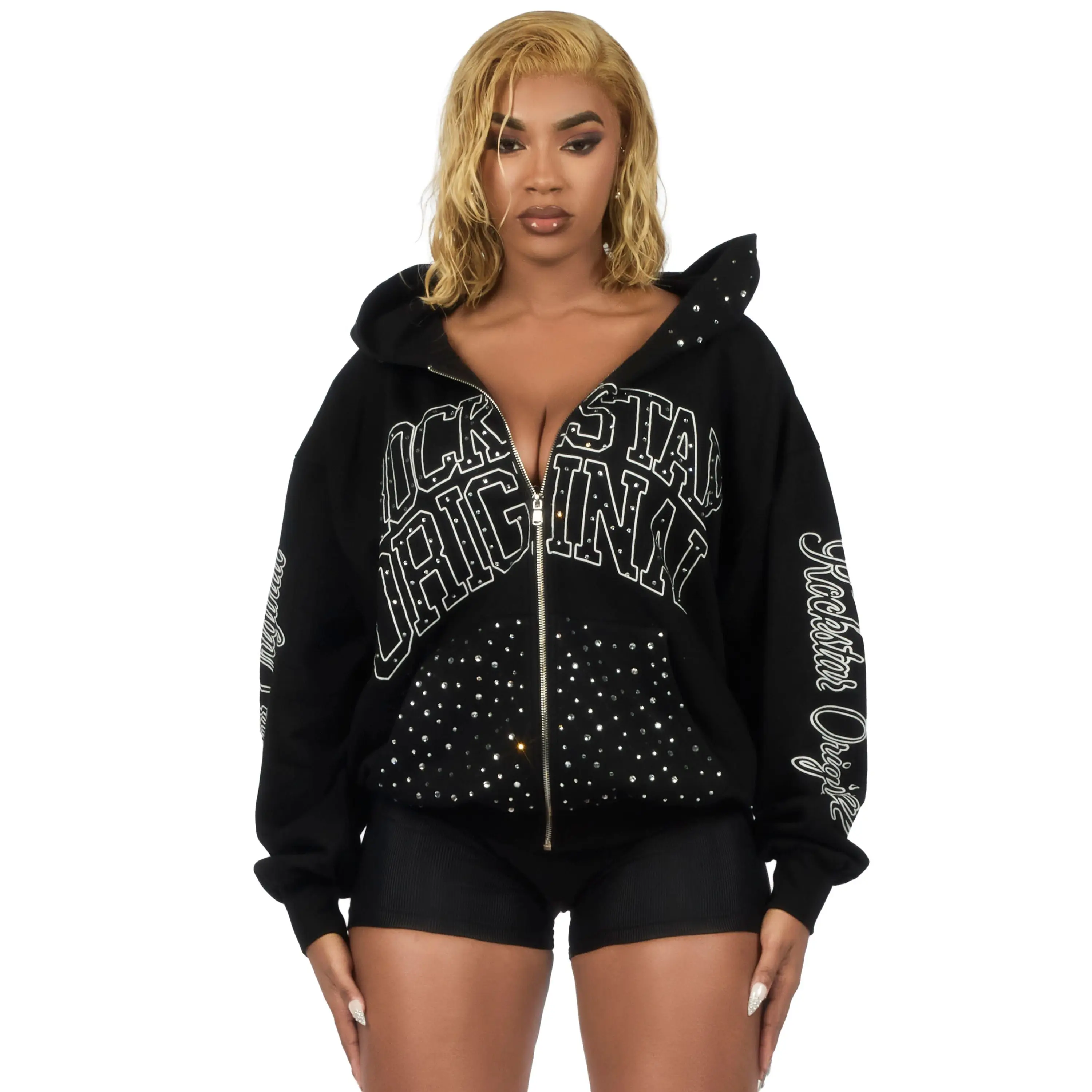 Alvina Black Rhinestone Zip Up Hoodie - TikTok Shop