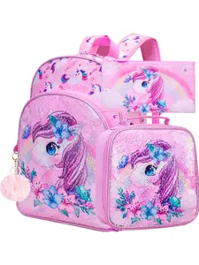 3PCS Unicorn Backpack for Girls, 16" Sequin Kids Bookbag and Lunch Box, Preschool Backpacks for Elementary Students