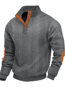 Men's American Style Knitwear, Fall & Winter Fashion, Casual Fitted Long Sleeve Henley Shirt, Stand Collar Button Front Design