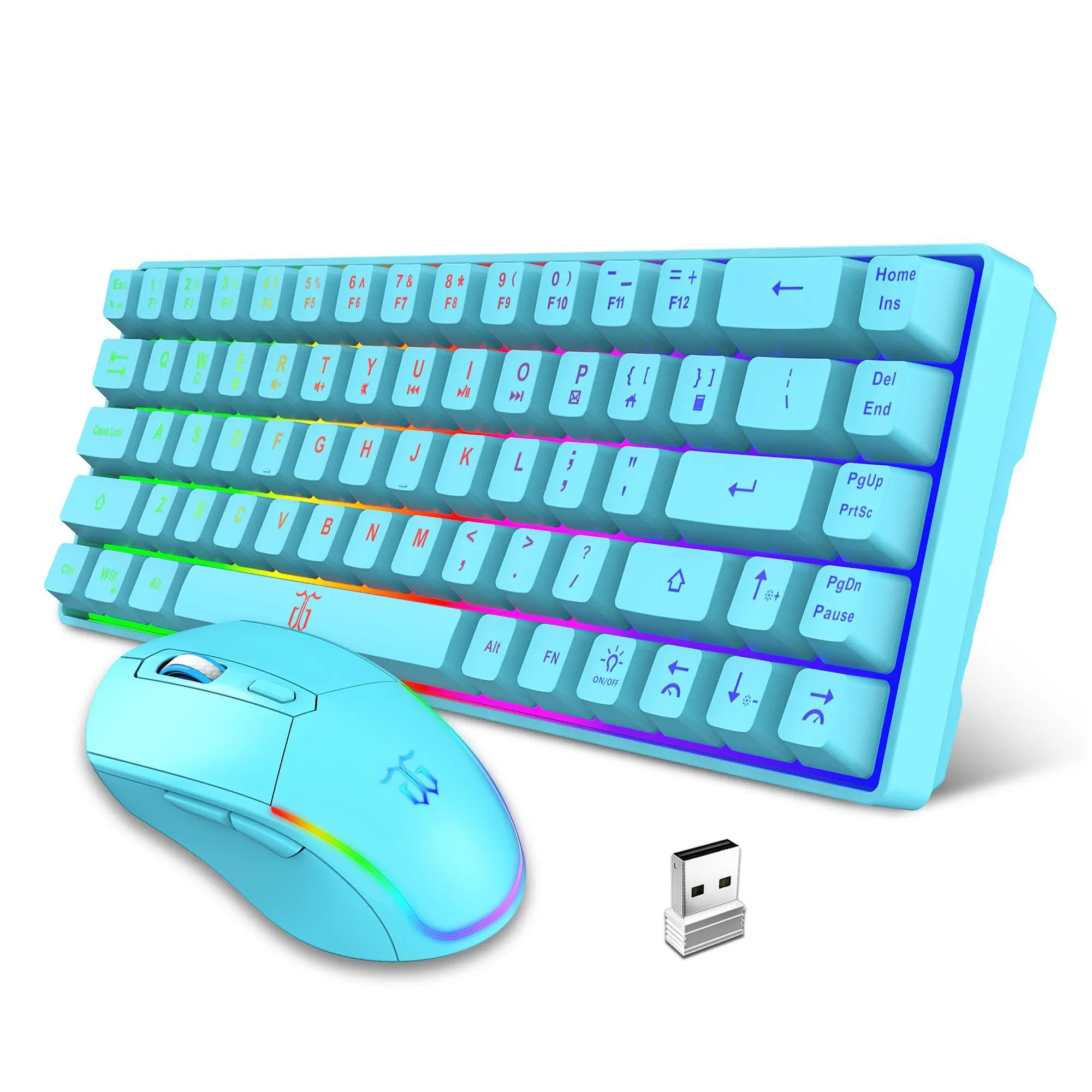 Compact 60% Wireless Gaming Set, Blue LED rgb Backlit Keyboard Mouse Combo, Anti-Ghosting Mechanical-Feel Keyboard, 3200DPI 6D Mouse with 2000mAh Rechargeable Battery for Work & Game lightweight collection