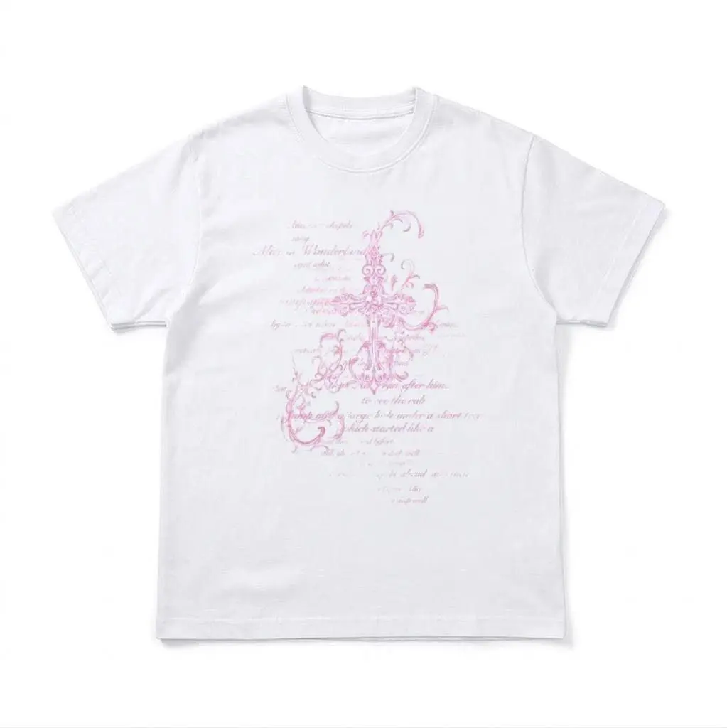 Pink Cross Wonderland Tee - White Gothic Calligraphy Shirt