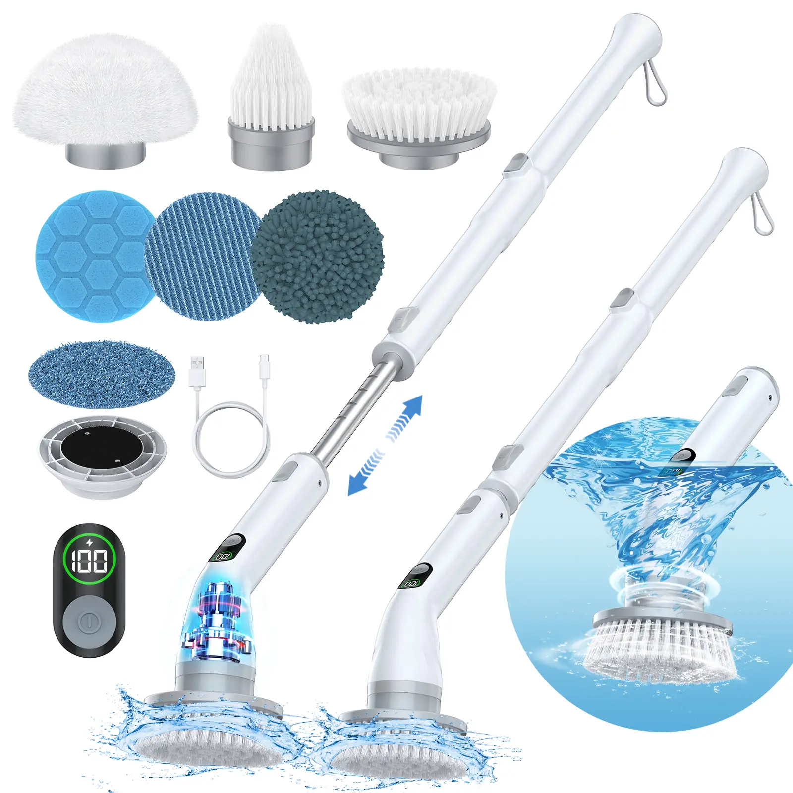 Electric Spin Scrubber Shower Cleaning Brush, 2-in-1 Design with Detachable Rod, 6 Brush Heads, IPX7 Waterproof, 2500mAh Battery