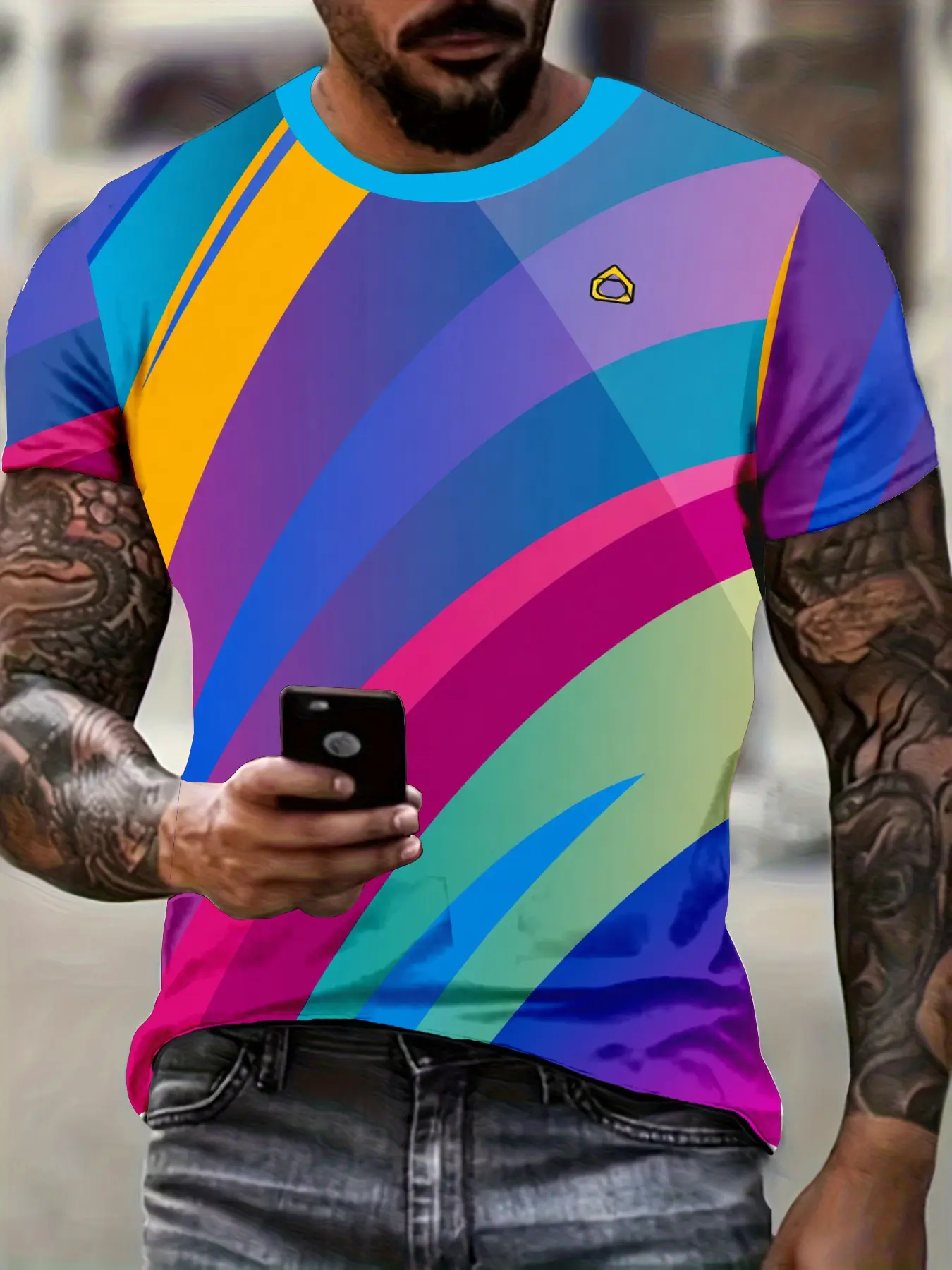 Men's Rainbow Patchwork Short Sleeve Quick-Dry Sports T-Shirt, Fashion Casual Breathable Top, Multi-Color Geometric Pattern Design, Activewear T Shirt, Athletic Sports Clothing