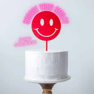 Hot Pink Smiley Face Cake Topper – Retro 90's Party Decoration Y2K Nostalgic Smile Theme kid birthday, Neon Pink Acrylic Cake Topper