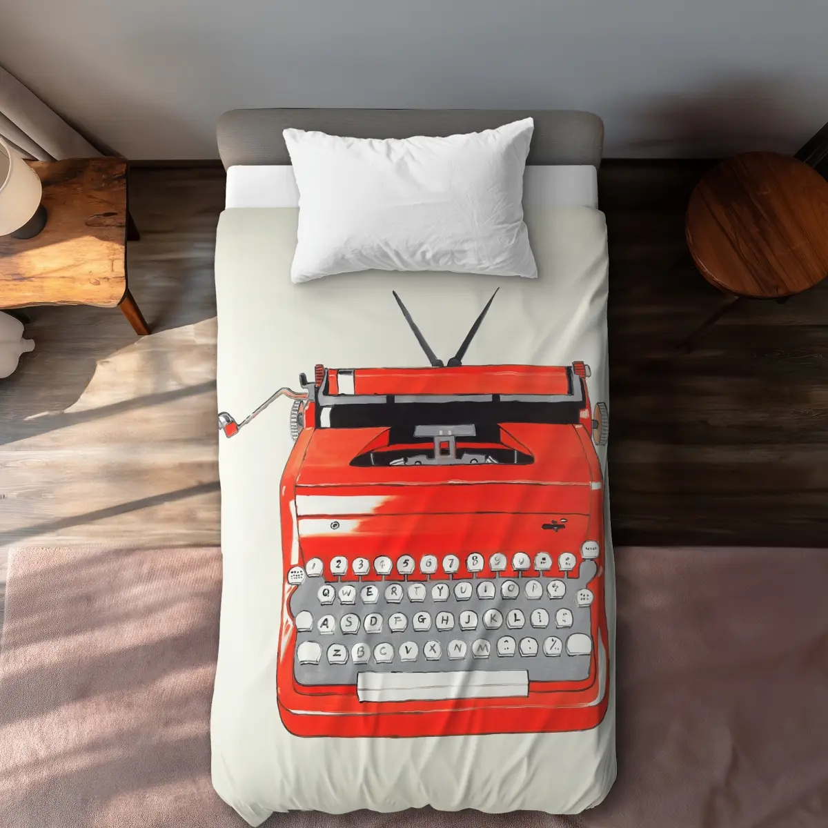 Twin Size 360 Stand Red Typewriter Print Duvet Cover Set - C1DCTSW00R0ANB, Writing Theme Graphic Bedding, Duvetcovers, Red Duvet Covers, Vintage Home Decor Accent