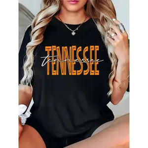 Women's Black Tennessee Graphic T-Shirt - Orange & White State Text, Casual Game Day/Daily Tee for Tennessee Fans 100% Cotton T-shirt
