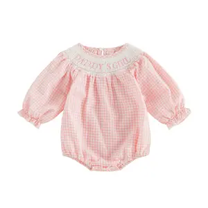 Infant Baby Girls Plaid Romper Letters Embroidery Crew Neck Long Sleeve Bubble Jumpsuit 0-18 Months