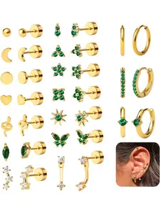 17 Pairs Golden Fashionable Earrings Studs Hoops for Women Men Hypoallergenic Surgical Steel Copper Earrings for Sensitive Ears Retro Flat Back Cartilage Earrings Chunky Screw Back Flat Back Stud Hoop Earring Set for Multiple Piercing