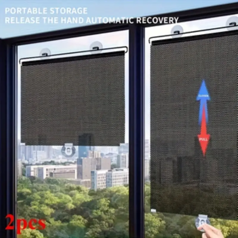2pcs Mesh Half-Translucent Roller Blind, No Punching Suction Cup Fixed, Easy Install Window Curtain, Free Extensible, Heat Insulation Sunshade Privacy Curtain, Thermal Insulated Curtain