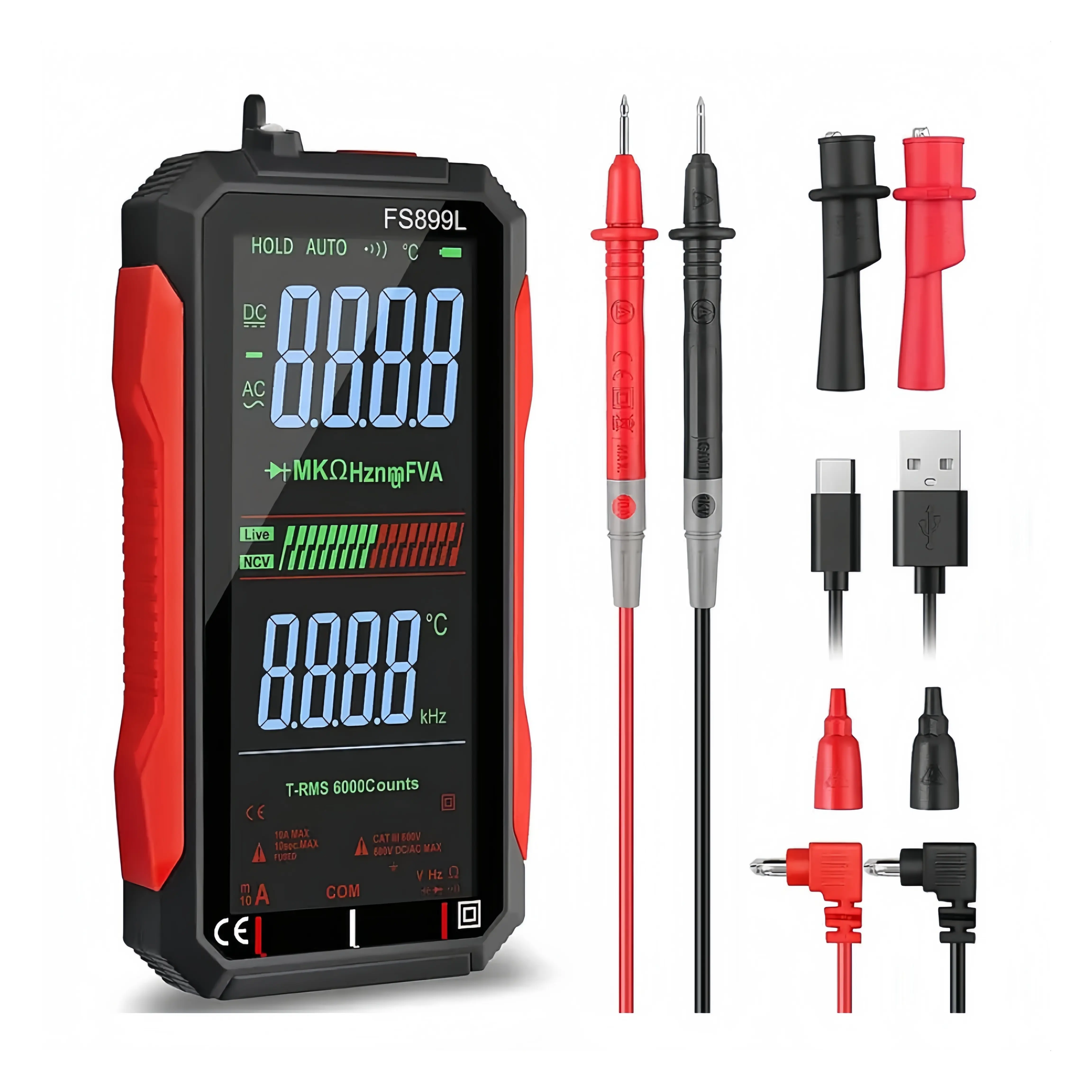 4.8-inch ultra-clear large screen intelligent automatic range multimeter, USB charging, 6000 counts, full-function professional meter.