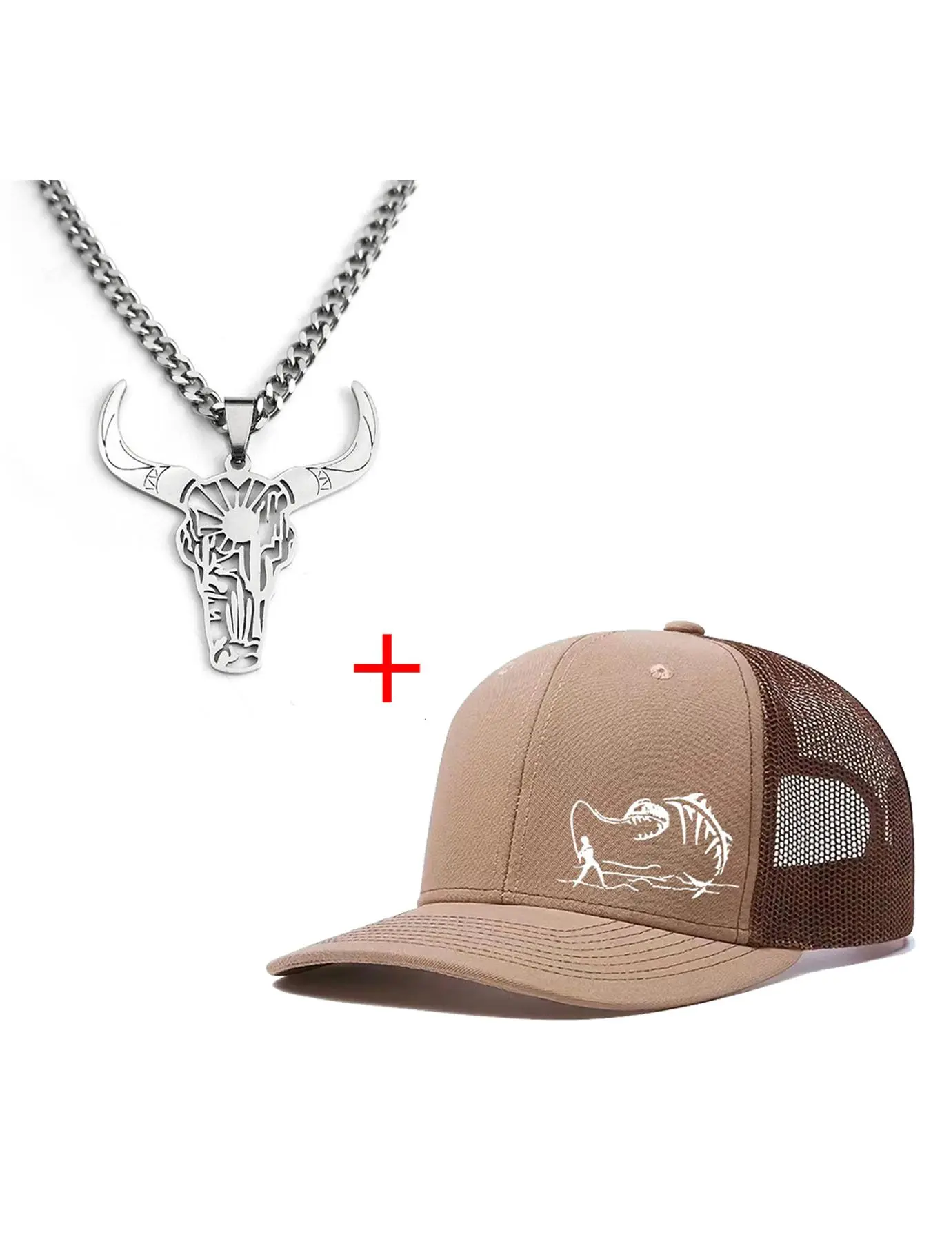Bull Head Design Baseball Cap & Necklace Set, Unisex Casual Mesh Hat for Men & Women, Fashion Accessories for Daily Wear, Fashion Sets, Western Accessory Set