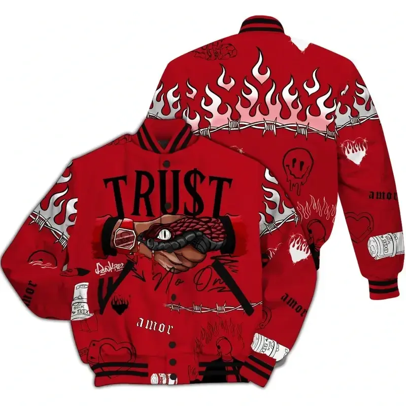 Varsity Jacket to Match Bred Velvet 11s, Trust No One Graphic All-Over Print Letterman Jacket, Baseball Varsity Jacket, Sport-Inspired Streetwear Outerwear, Trendy Casual Everyday Jacket for Men and Women