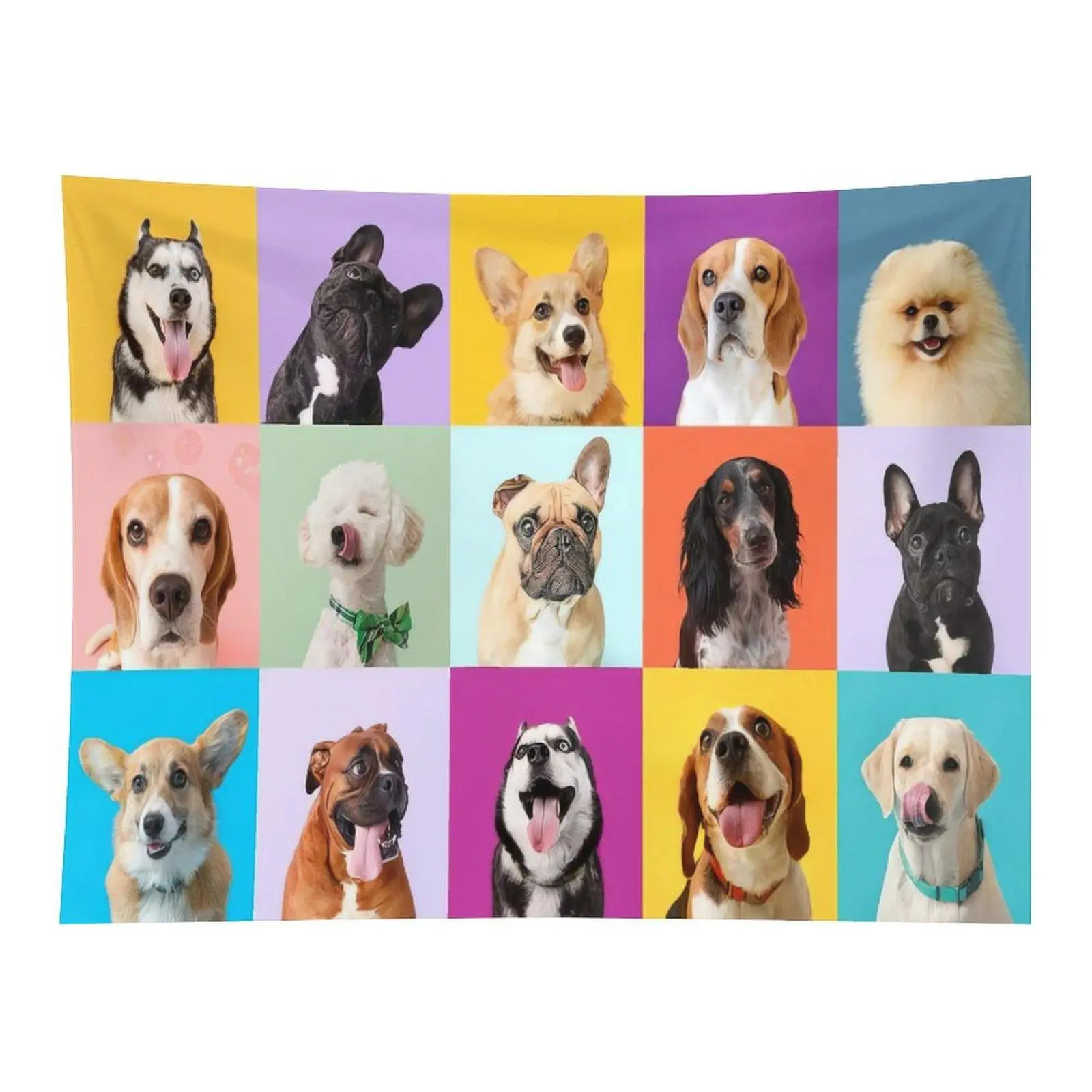 Multi-Breed Dog Portrait Grid Tapestry, Colorful Background with Husky, Corgi, Bulldog Designs, Funny Pet Lover Wall Hanging, Home Decor, Room Decor