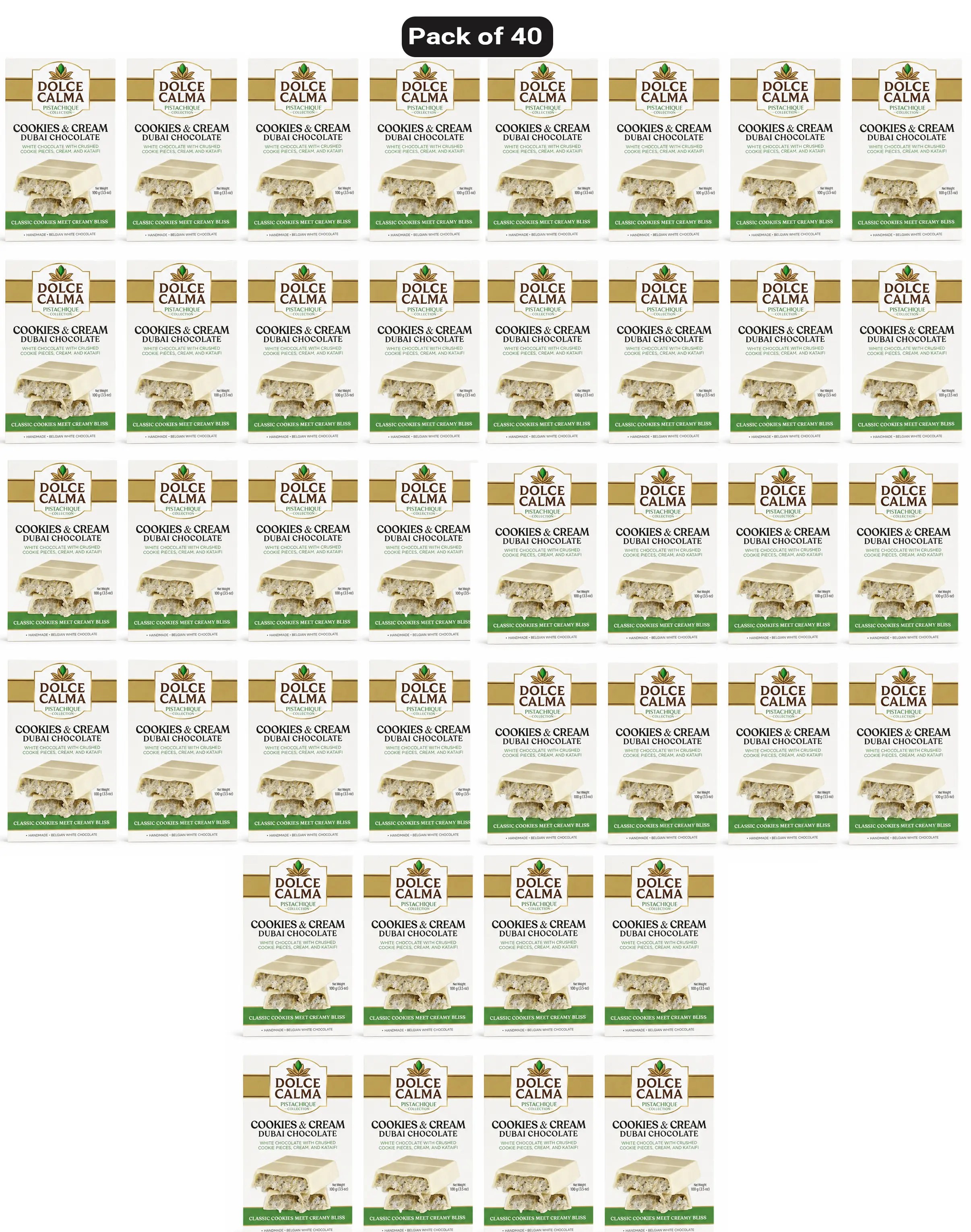 Dolce Calma Dubai Chocolate Bar Cookie (100g / 3.5oz) – Viral Authentic Handmade Belgian Chocolate with Turkish Pistachio & Crispy Kataifi, Premium Candy, Luxury Cream Kunafa Filling Pack Of 40