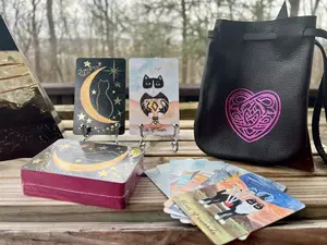 Cat Folk Tarot - Bridge Size - Pink Edges wiith Pink Heart Leather Bag
