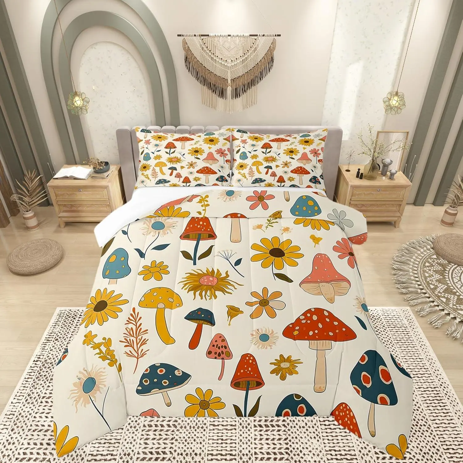 Retro Mushroom Flowers Comforter Set,70s 60s Groovy Quilt Set for Kids Boys Bedroom Collection,Vintage Boho Plant Floral Polyester Bedding