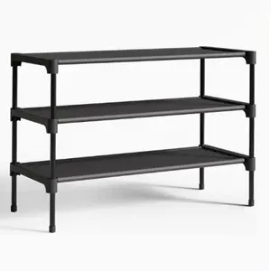 3-Tier Shoe Rack Organizer for 12-16 Pairs - Stackable Metal Storage Shelf, Upright or Upside Down, Fits Entryway (27.5x11.8x17.7 Inches, Black)