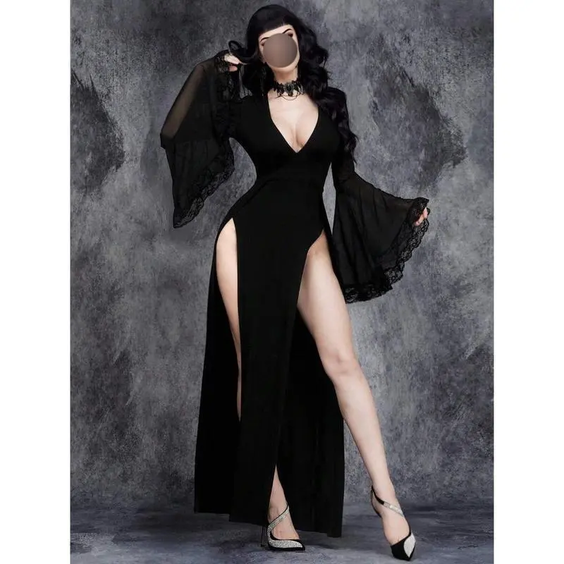 Women Gothic Sexy V-Neck High Slit Halloween Witch Sleeve Lace Lace  Patchwork With Party Ghost Bridal Dress, Fit FormalGift - TikTok Shop