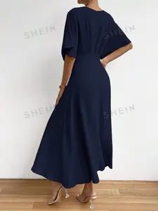 Ladies' Solid Color V-Neck Batwing Sleeve Dress