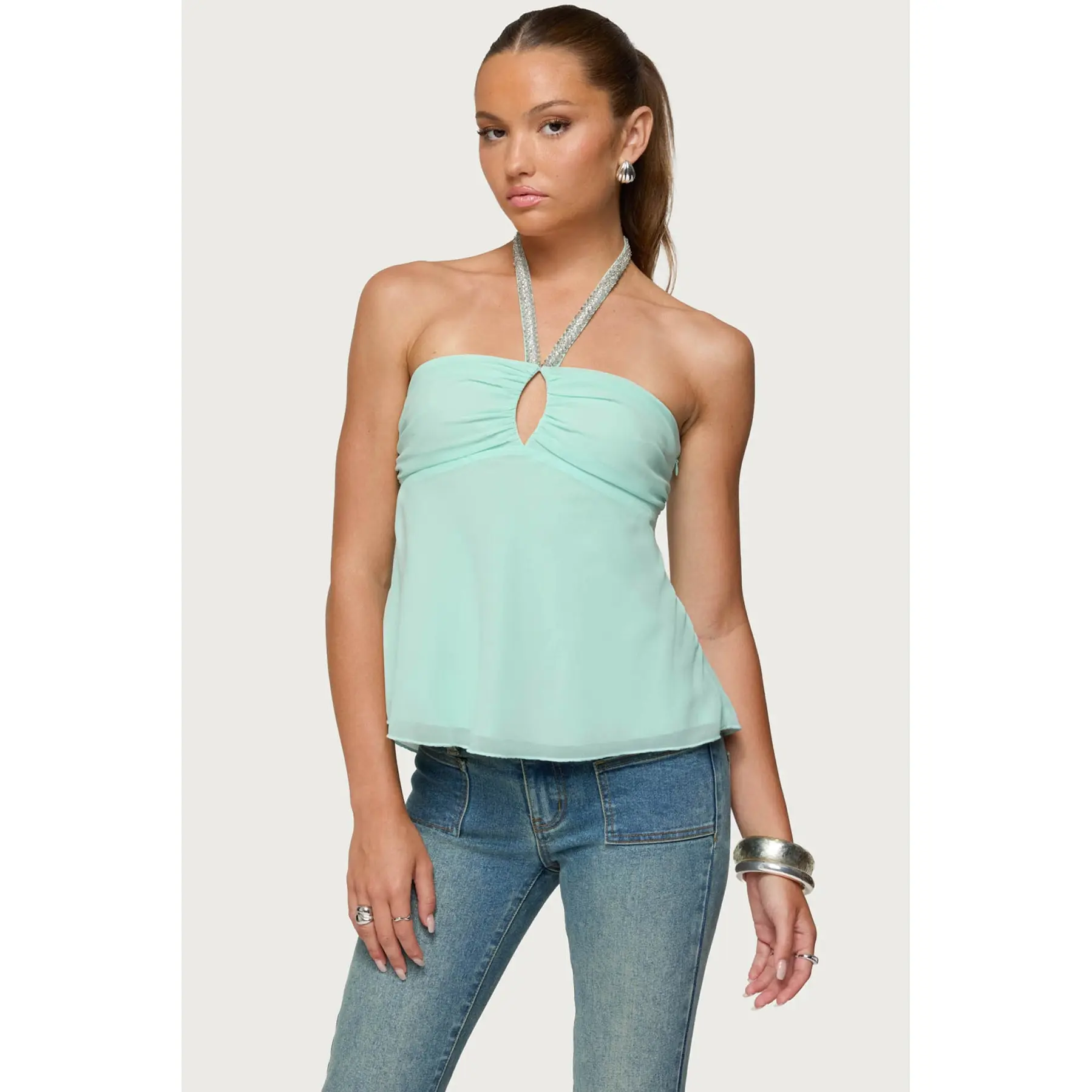 Sequin Chiffon Keyhole Halter Top