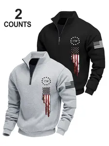 Men's Streetwear Casual Fitted Long Sleeve Flag Pattern Sweatshirt Half-Zip Pullover, Soft Breathable Winter Essential, All-Day Comfort Fashion