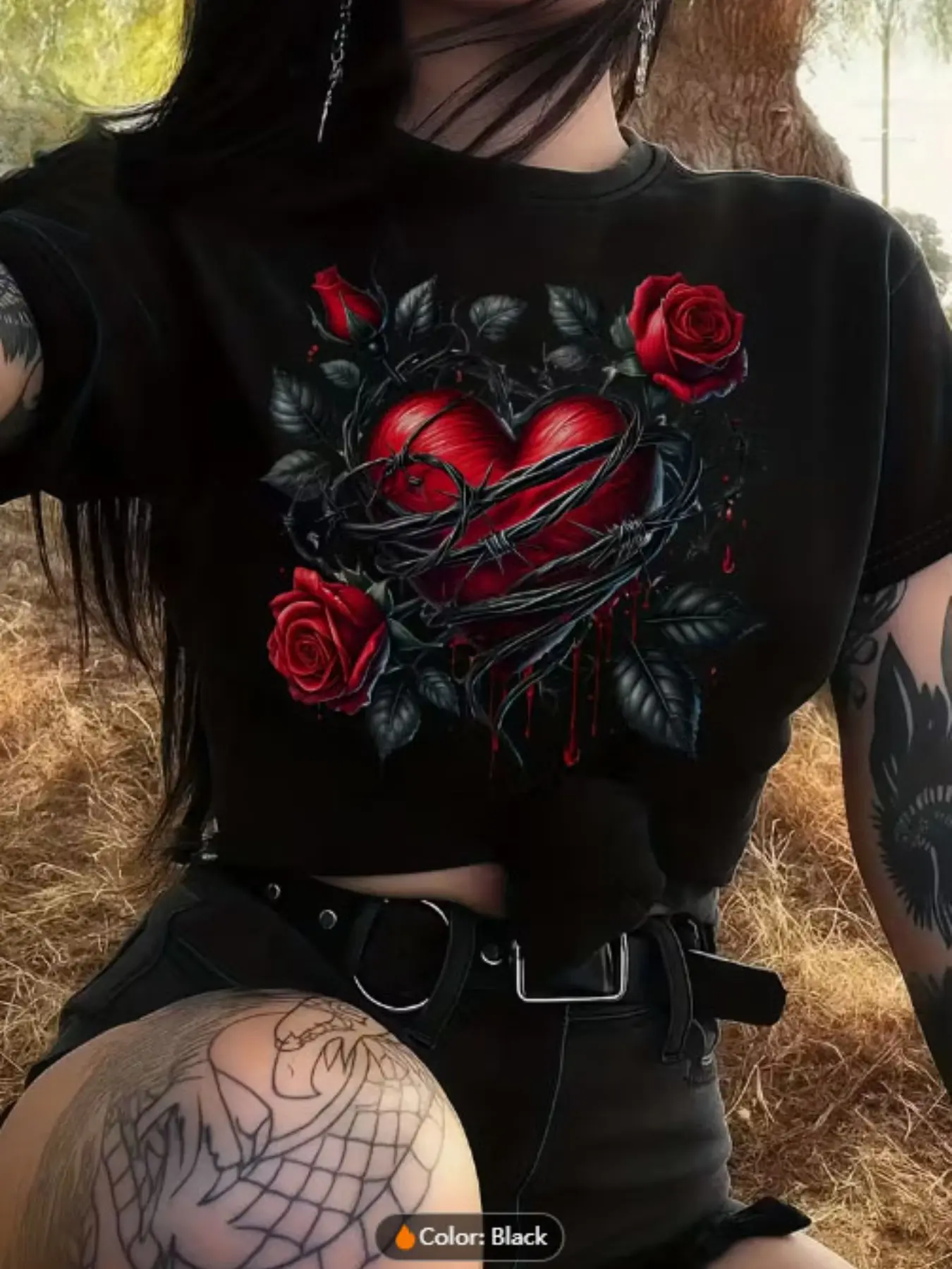 Gothic Heart & Rose Graphic Fitted Crop Top - Dark Thorn & Drip Print Black Edgy Streetwear Tee Womenswear