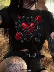Gothic Heart & Rose Graphic Fitted Crop Top - Dark Thorn & Drip Print Black Edgy Streetwear Tee Womenswear