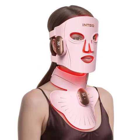 INTEO 4 Modes Red Light Therapy LED Face & Neck Mask - 680 LEDs, 840-860nm Near-Infrared, Cordless 2000mAh Rechargeable Battery, LED Light Eyes Skin Care Device, Adults’ Self Care Product, At-Home Firming Skin & Jawline Defining Gadget for Radiant Glow