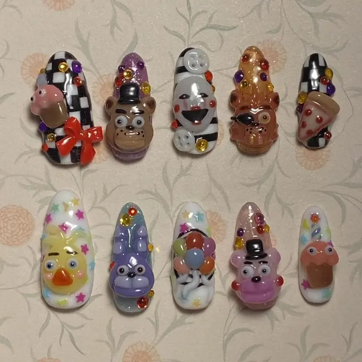 Horror Game Inspired Press Five Nights Freddy On Nails Handmade 3D Animatronic Character Stiletto Nails Gothic Reusable Gel False Nail Set with Nail Kit | Free Adhesive Tabs Nail File & Cuticle Stick
