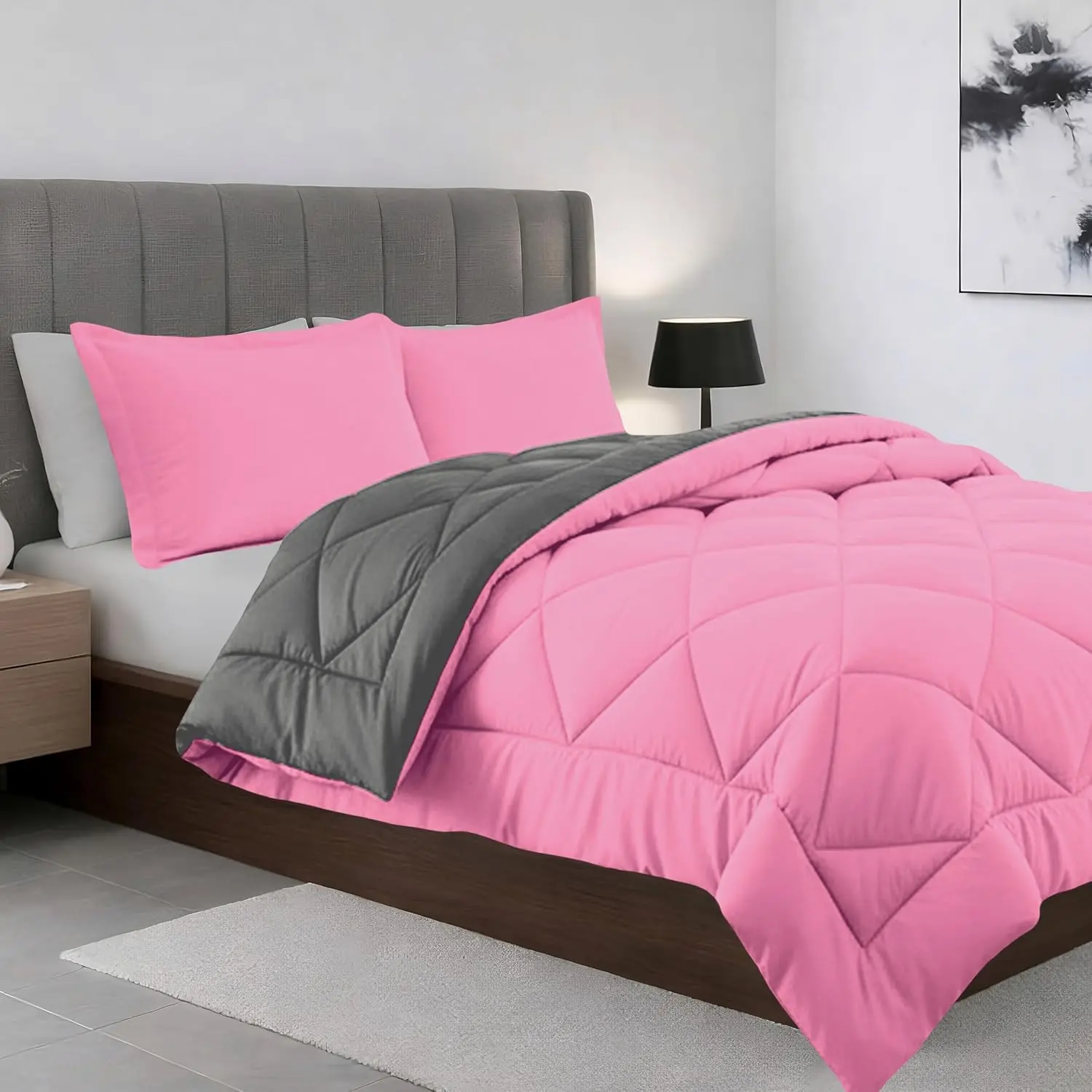 Elegant All Season Goose Down Alternative Reversible 3-Piece Comforter Set- Available in and Colors, Full/Queen, Pink/Gray