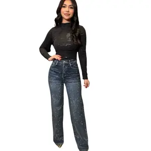 2026 Fitted - Natali Denim Full Rhinestone Pants - Wide Leg Stretch only for Comfort  Bottom Fashion