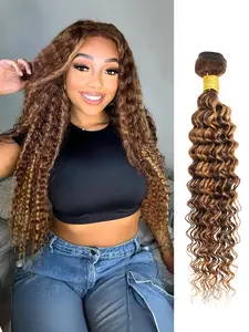 ALHER Honey Blonde Highlight Deep Wave Single Bundles Human Hair 26 Inch, 100% Thick Track 12A Virgin Brazilian Weaves P4/27 Balayage Ombre Brown Curly Water Wave Colored Human Hair Bundles Sew In