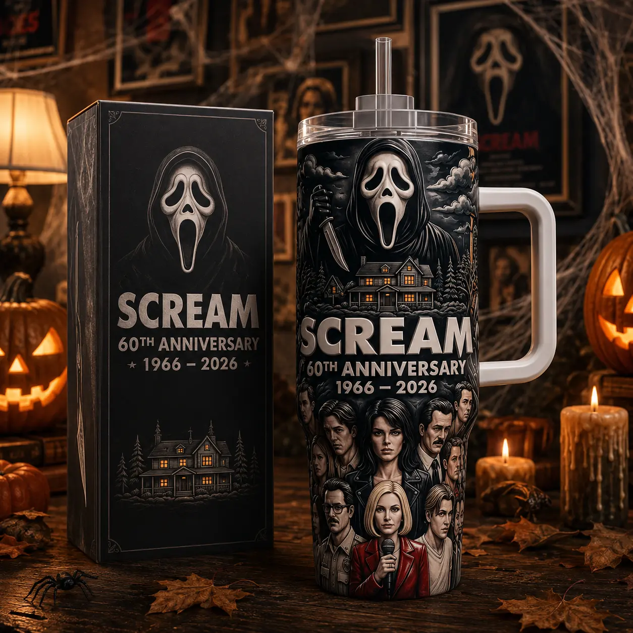 Ghostface Scream 40oz Tumbler with Handle & Straw, Scream Horror Movie Cup, Halloween Slasher Killer Insulated Travel Mug, Scary Ghost Face Fan Gift, Spooky Gothic Horror Drinkware for Movie Lovers
