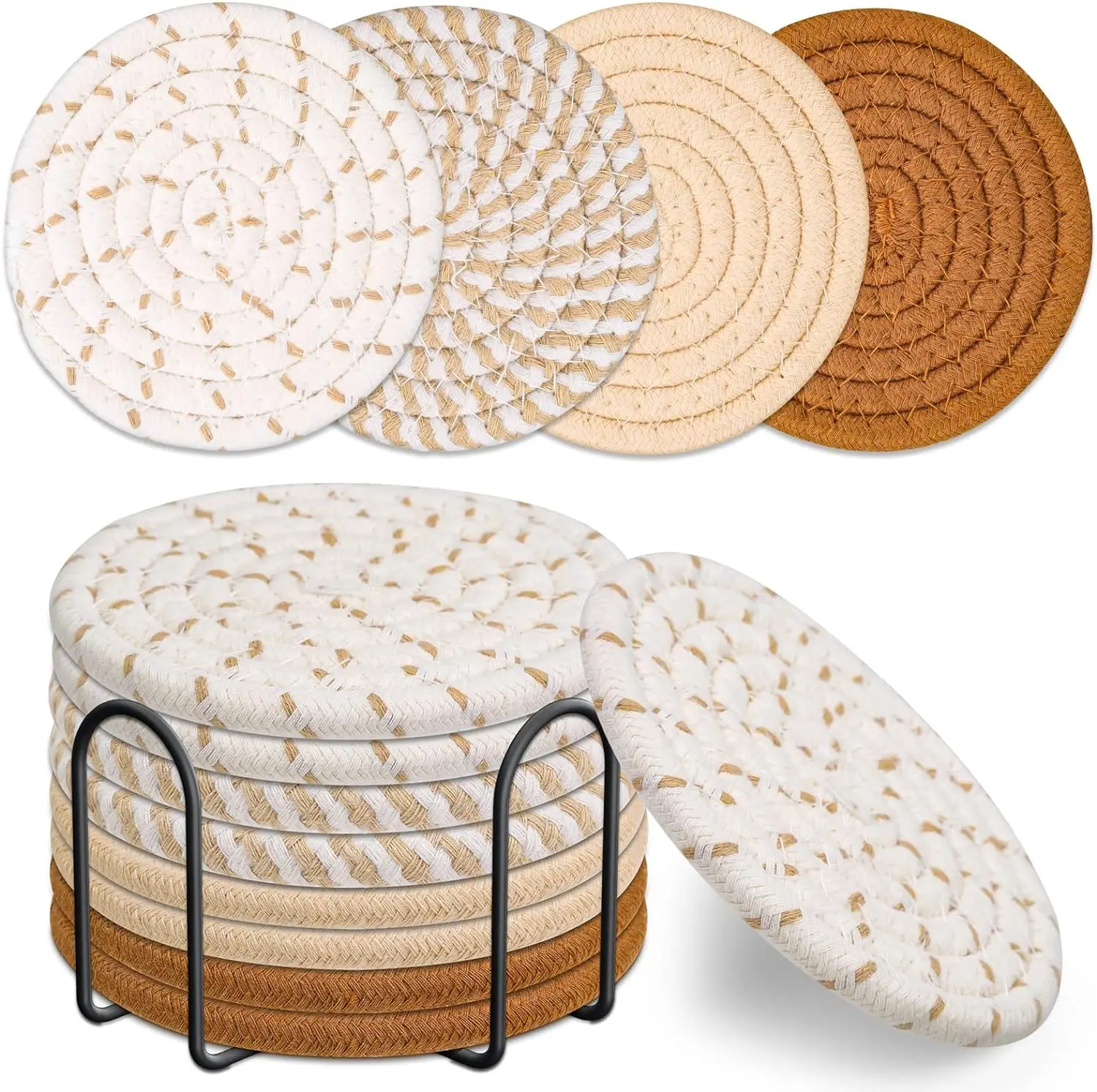 8 Pcs Drink Coasters with Holder, Minimalist Cotton Woven 4 Colors Absorbent Coaster Set for Home Decor Tabletop Protection Suitable for Kinds of Cups, 4.3 Inches.(NO.2) coaster sets