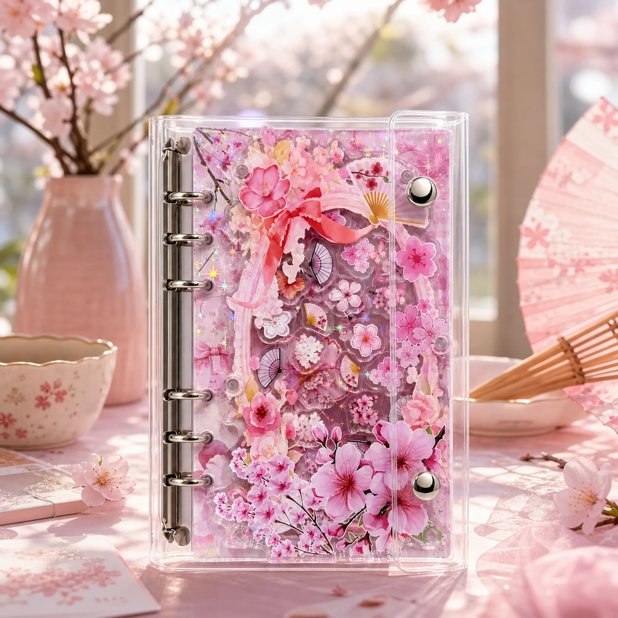 A6 Refillable Shaker Binder Notebook Cute Cherry Blossom Clear Acrylic Cover Photo Sleeves Photocard Holder Journal 6 Ring Page Replacementfor School Supplies