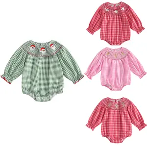 Toddler Baby Girl Christmas Romper, Long Sleeve Plaid Santa Gingerbread Print Romper Bubble Bodysuit Newborn Playsuit