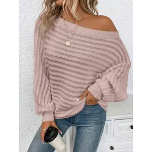 Fall Winter Off The Shoulder Long Sleeve Boat Neck Batwing Sweater Tops for Cold Weather Women's Wear, Warm Style, Wardrobe Essential, Blouse Design, Soft Touch, Adjustable, Knit Top, Minimalist Chic, Simple Style