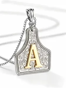 Western Jewelry Handmade Cow Brand Letter Necklace, Alphabet Detail Pendant, Dual Color Silver Gold Pendant, Adjustable 20 Inch Chain, Unisex Gift