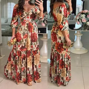Lantern Sleeve Extra Long Dress Bohemian Style Floral Embroidery V-Neck Long A-Line Dress Vintage Casual Vacation Beach Dress
